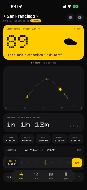 SunDeck's Now screen: tonight's sunset scored 89 with the reason 'High clouds, clear horizon. Could go off.'