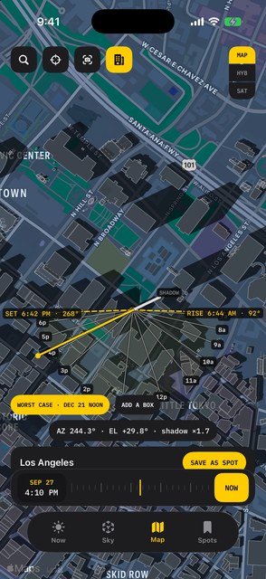 Map with sun rays and building shadows at 4:10 PM